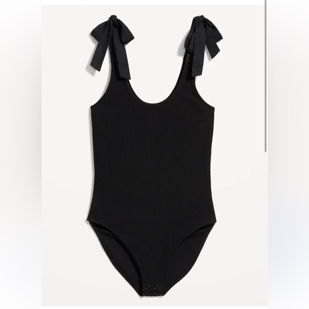 Old Navy Black Ribbed Bodysuit Ribbon Straps Snap Crotch NWT M